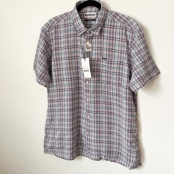 NWT Barbour Deanhill Summer Seersucker Plaid Button Up Shirt Mens Medium Navy - Picture 2 of 10